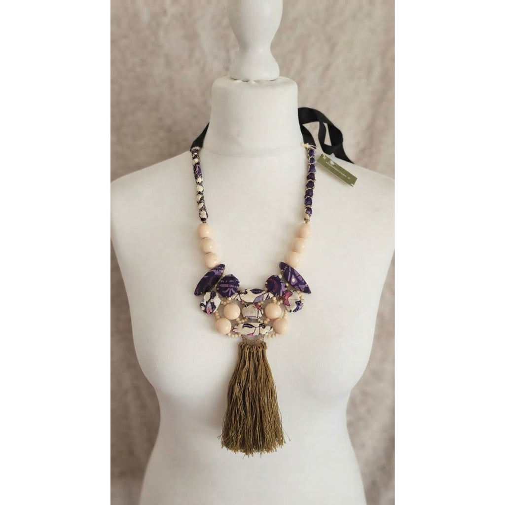 Artisan Statement Necklace Handcrafted Purple Boho Wood Bead Tassel Luxury