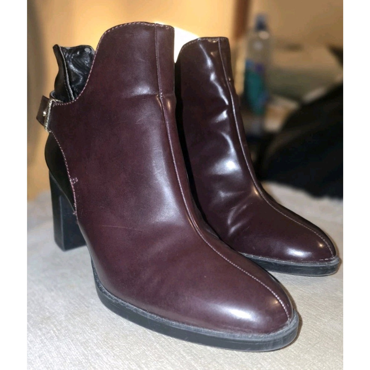 Zara TRF Burgundy Patent Leather Block Heel Pointed Toe Ankle Boots Size 5