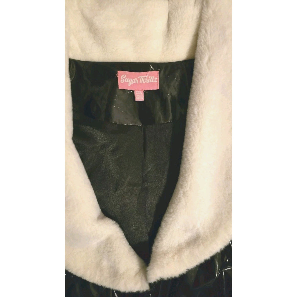Sugar Thrillz Black Patent Faux Fur Trim Belted Trench Coat XXL Goth Glam Cruell