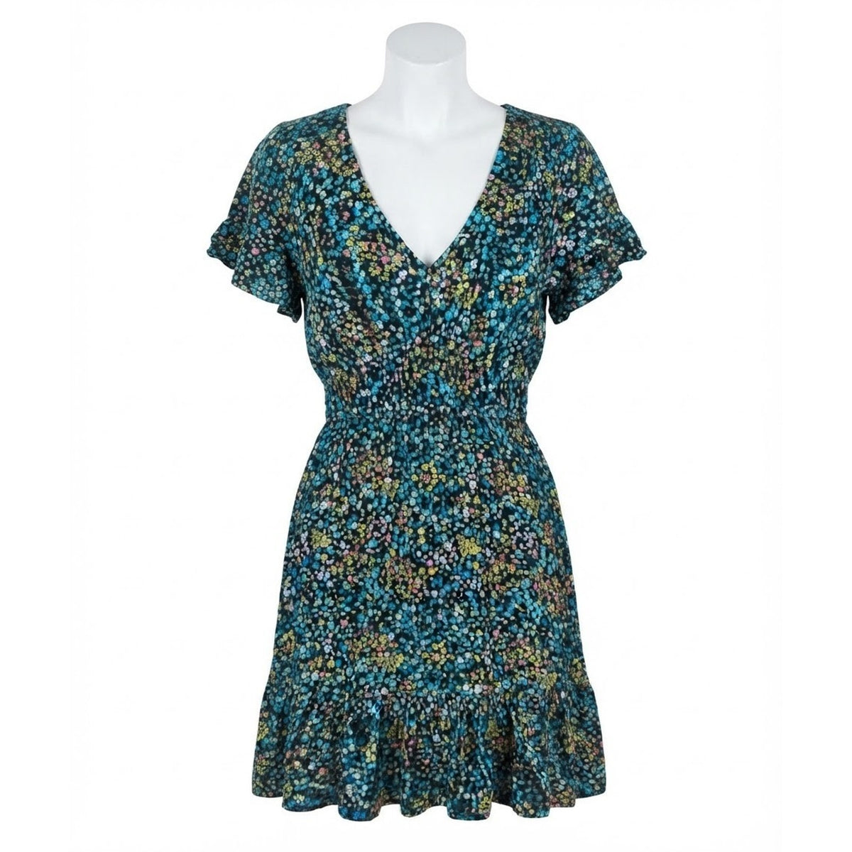 Rewind Dark Floral V-Neck Mini Dress XS Boho Cottagecore Flutter Sleeve