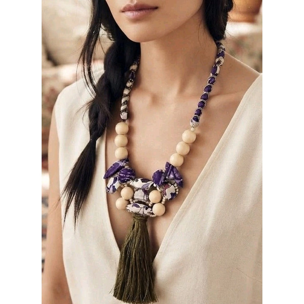 Artisan Statement Necklace Handcrafted Purple Boho Wood Bead Tassel Luxury