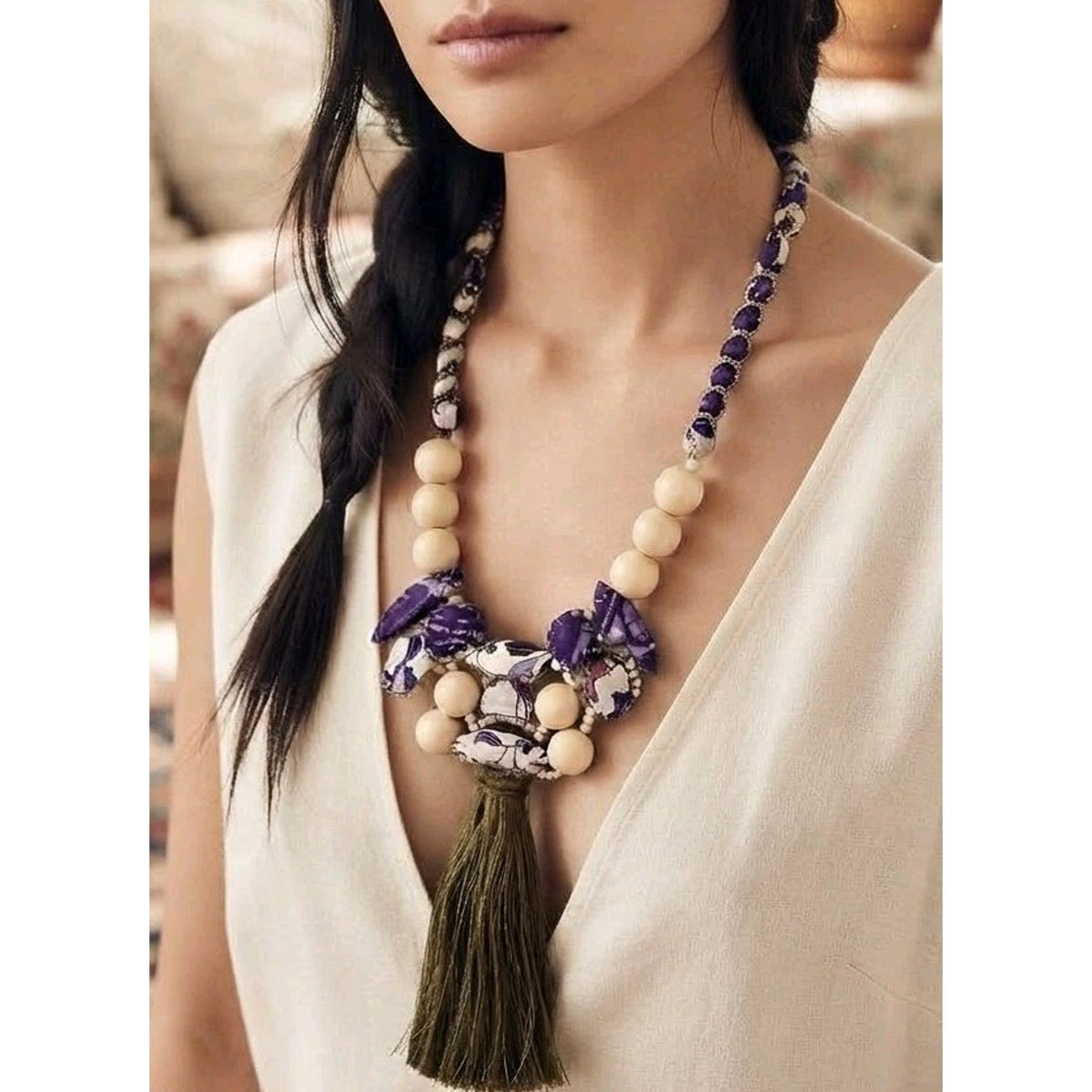 Artisan Statement Necklace Handcrafted Purple Boho Wood Bead Tassel Luxury