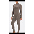 ECUPPER Mock Neck Half-Zip Active One-Piece Long Sleeve Bodysuit Taupe