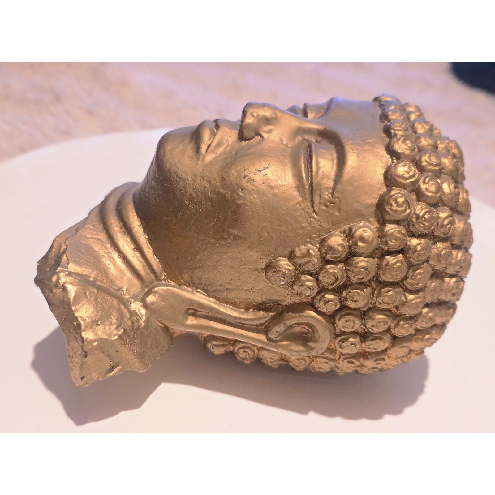 Vintage Style Faux-Distressed Gold Buddha Head Statue Heavy 2lb 5oz Zen Decor