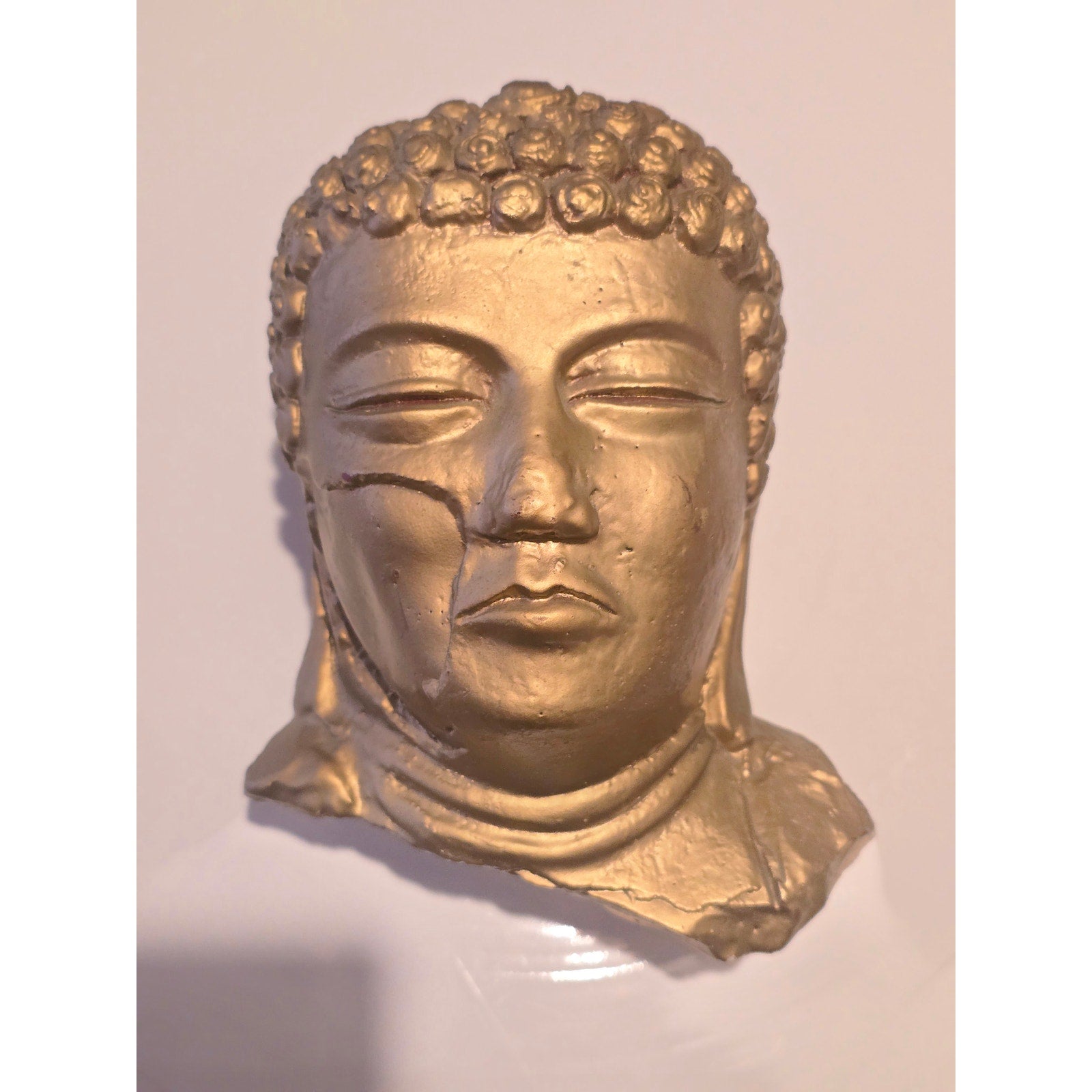 Vintage Style Faux-Distressed Gold Buddha Head Statue Heavy 2lb 5oz Zen Decor