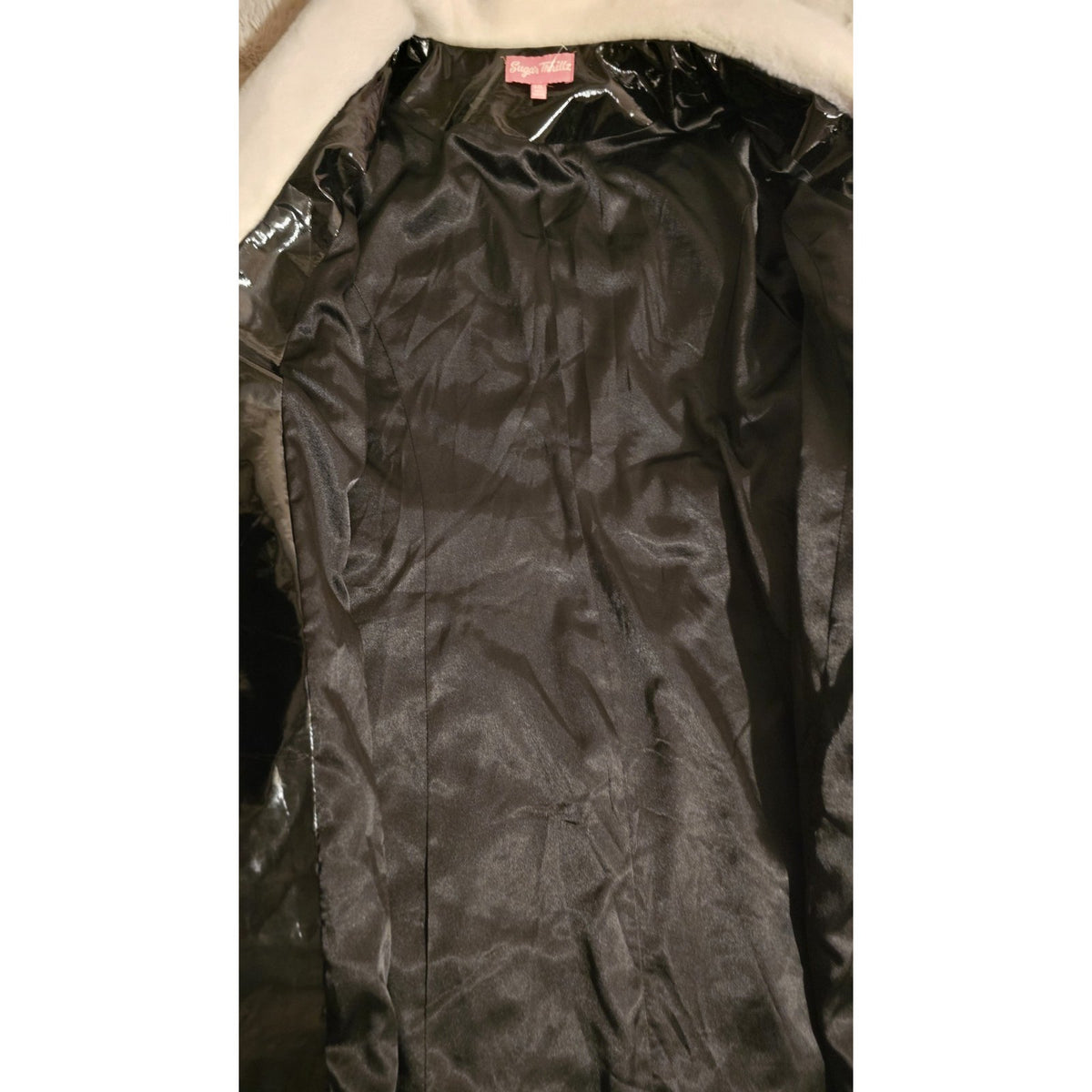 Sugar Thrillz Black Patent Faux Fur Trim Belted Trench Coat XXL Goth Glam Cruell