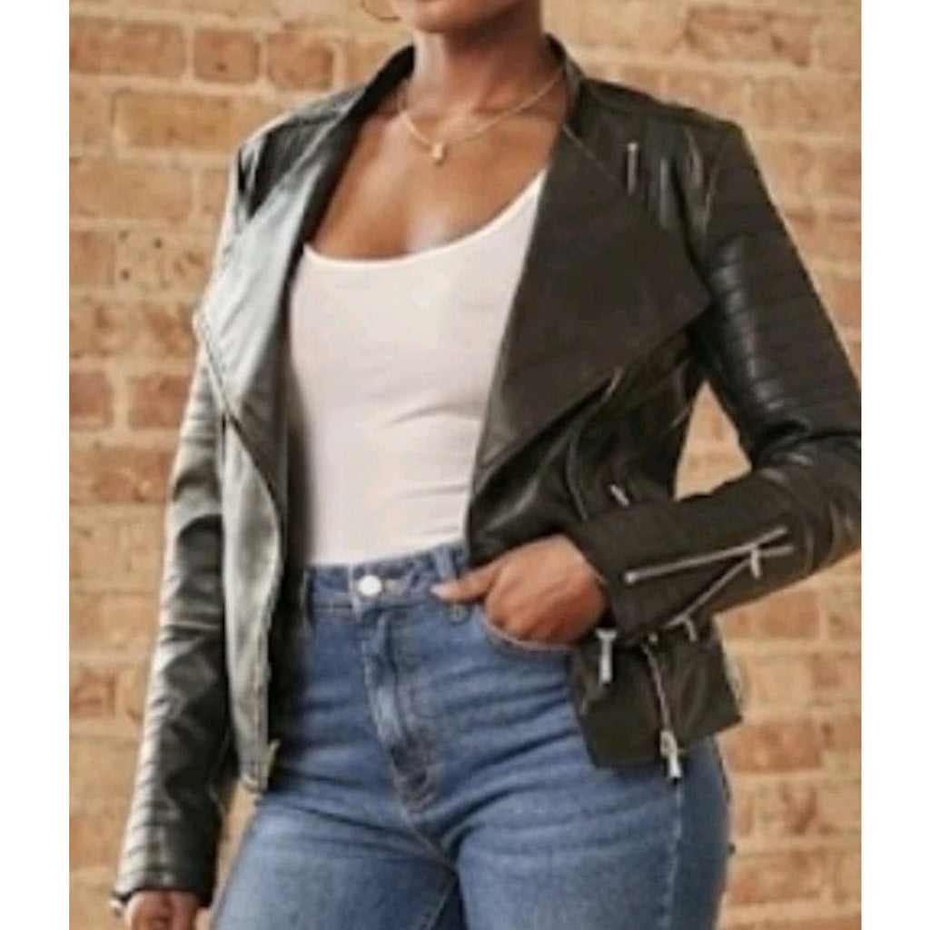 Y2k Fashion Nova Black Faux Leather Moto Biker Jacket – Women's Size S