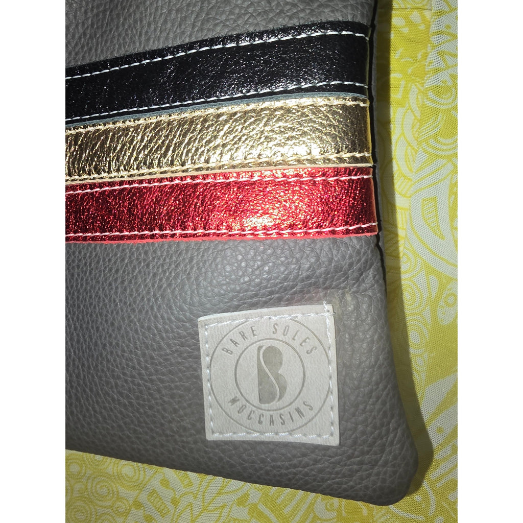 Title: Bare Soles Moccasins Genuine Leather Crossbody Bag with Metallic Stripes