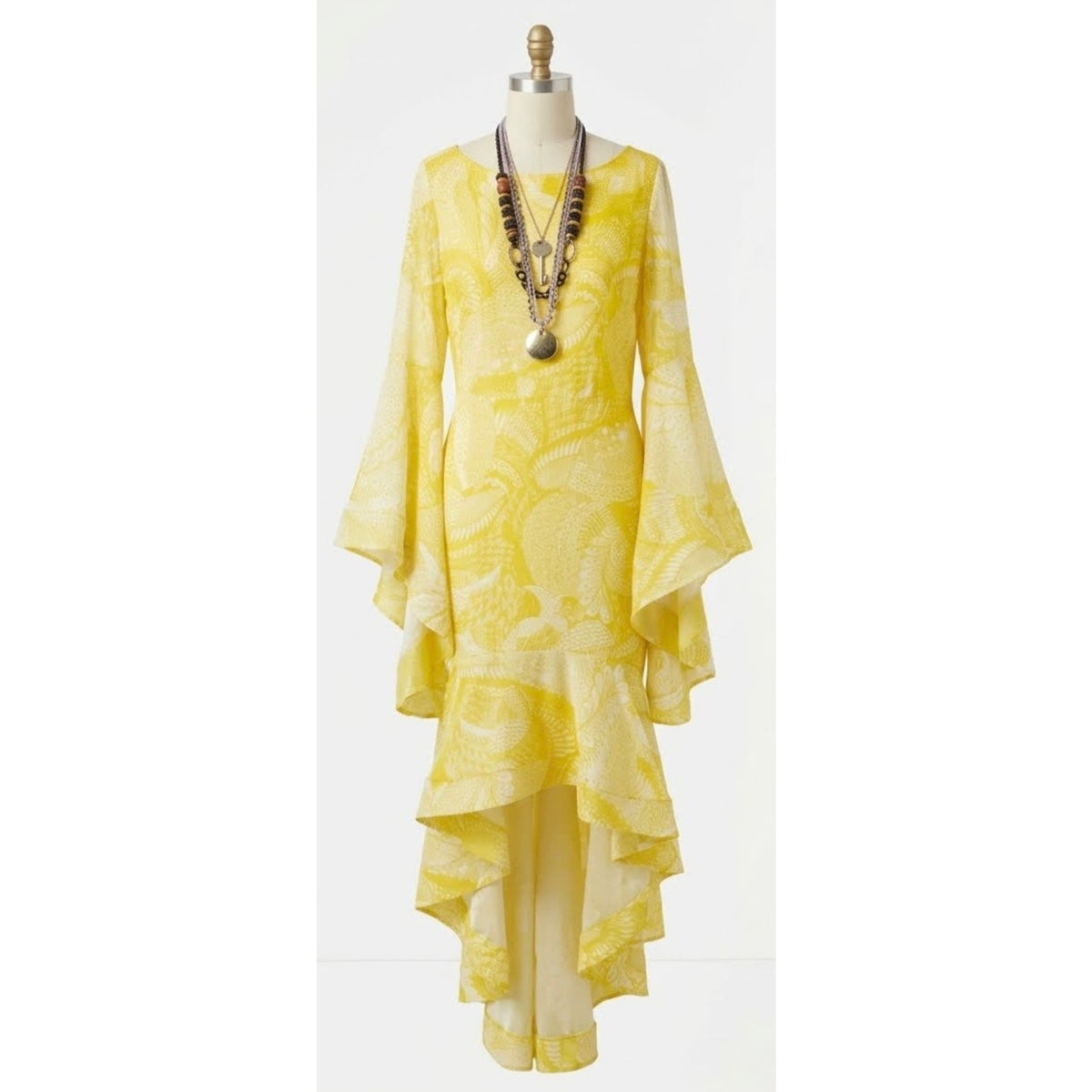 Cqbycq Yellow Paisley High-Low Dress L Dramatic Bell Sleeve Ruffle Maxi