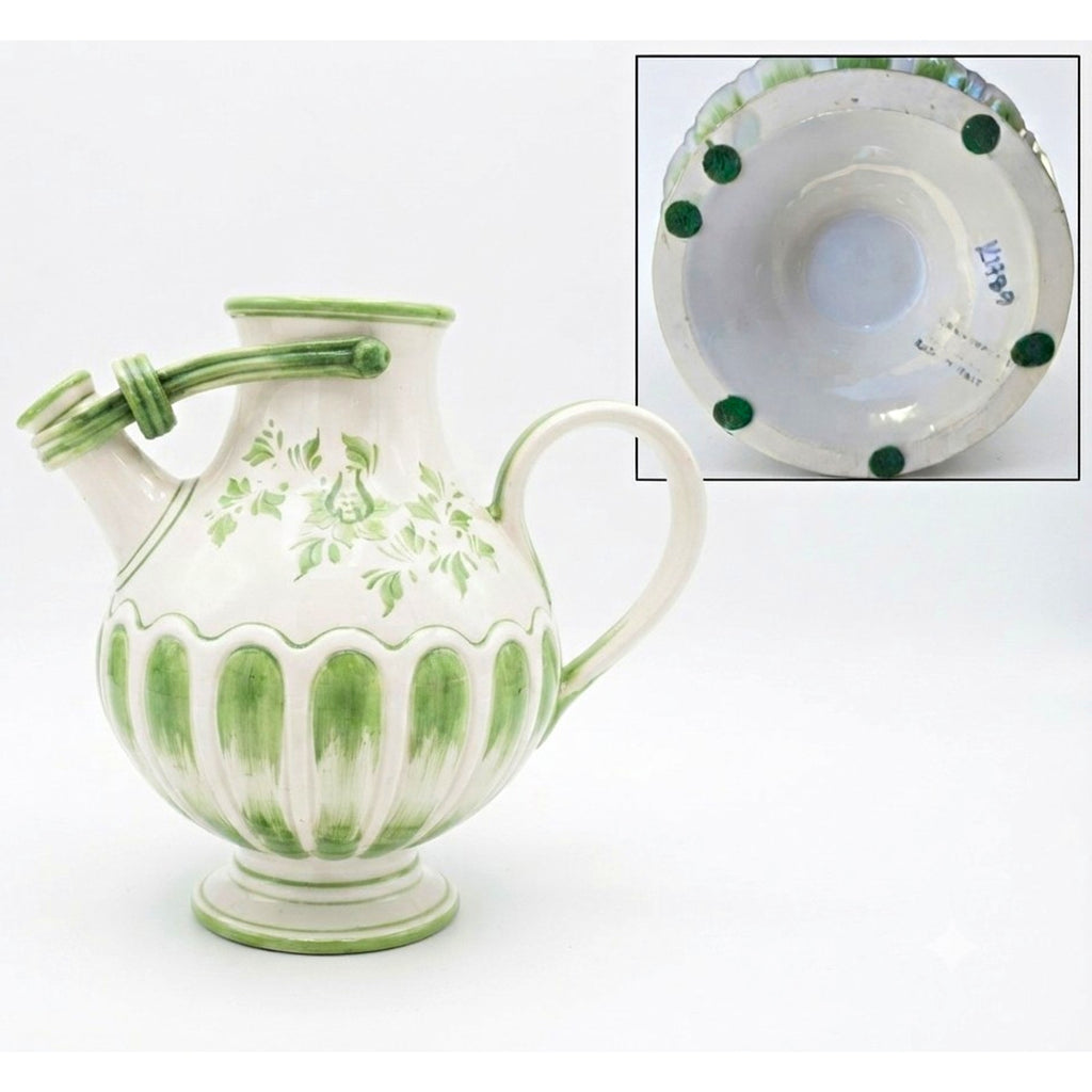 Italian Hand Painted Floral Ceramic Pitcher White & Green Glossy Printed Mark