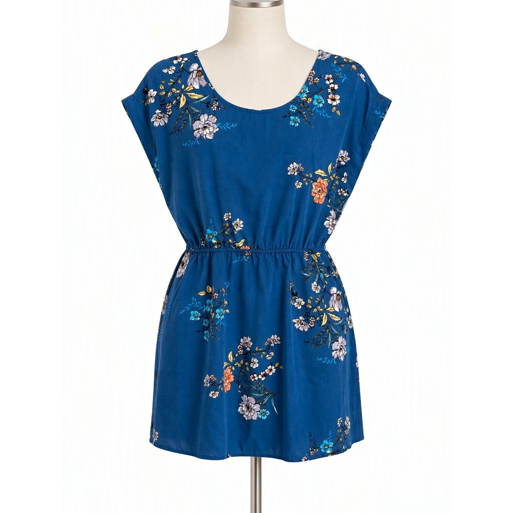 Pink Rose Blue Floral Print Sleeveless Round Neck Elastic Waist Romper S