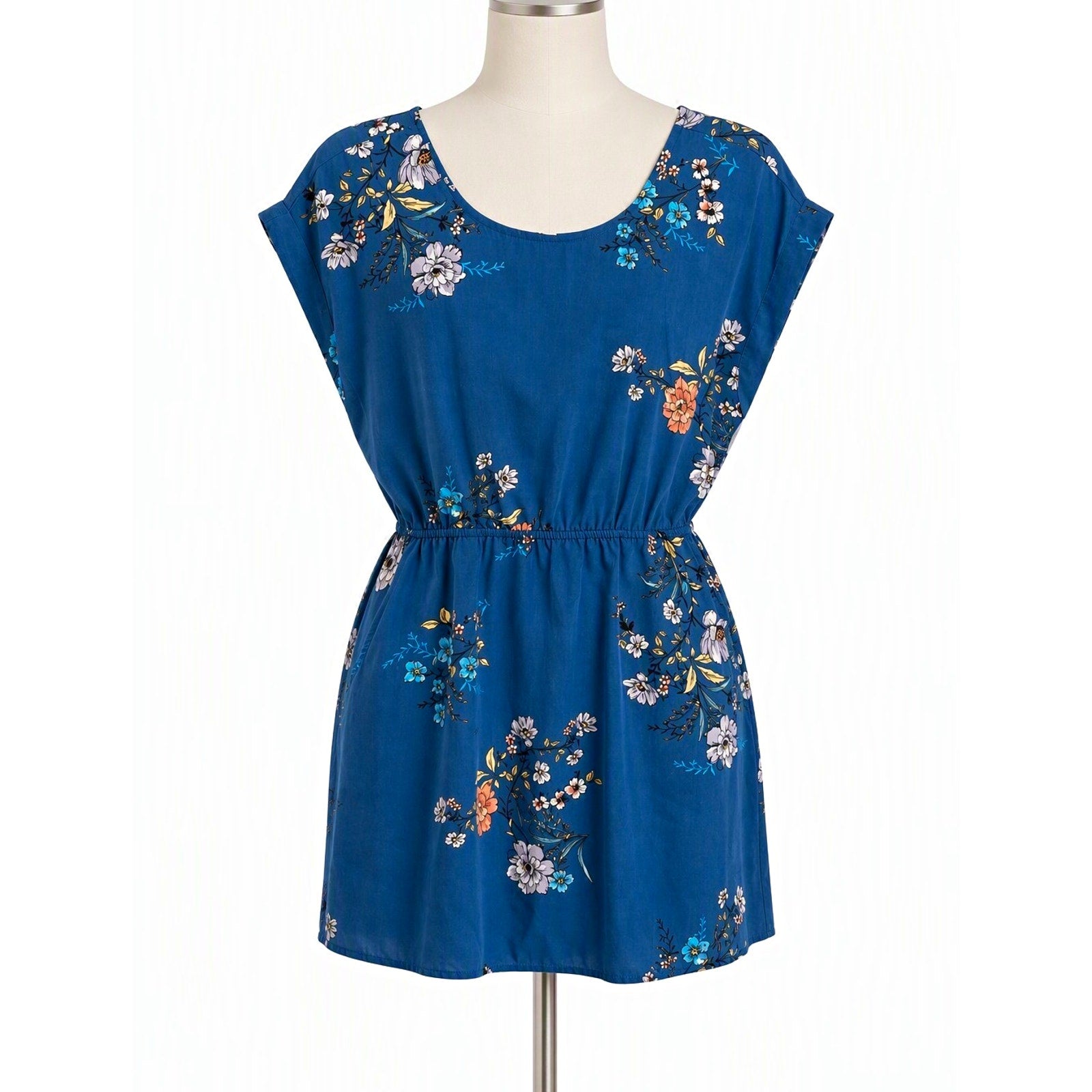 Pink Rose Blue Floral Print Sleeveless Round Neck Elastic Waist Romper S