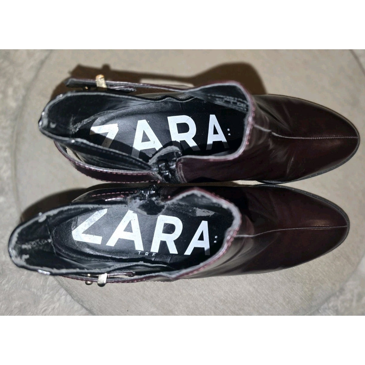 Zara TRF Burgundy Patent Leather Block Heel Pointed Toe Ankle Boots Size 5