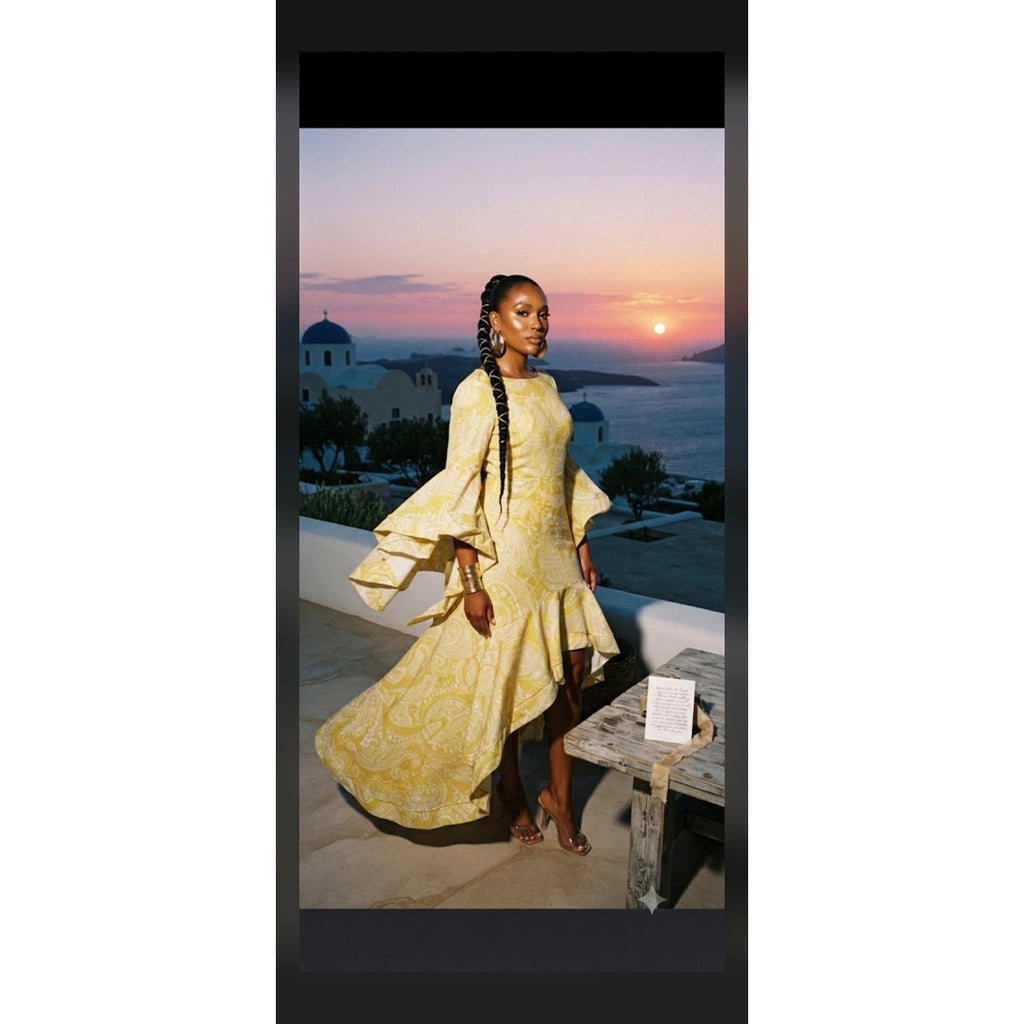 Cqbycq Yellow Paisley High-Low Dress L Dramatic Bell Sleeve Ruffle Maxi