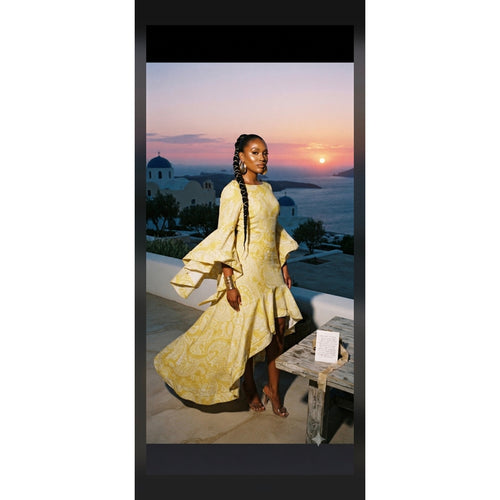 Cqbycq Yellow Paisley High-Low Dress L Dramatic Bell Sleeve Ruffle Maxi