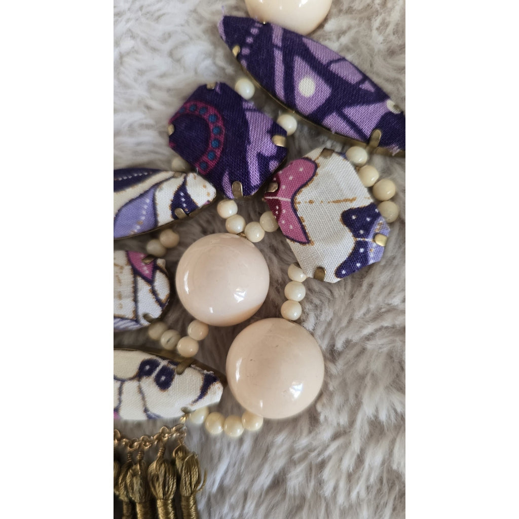 Artisan Statement Necklace Handcrafted Purple Boho Wood Bead Tassel Luxury