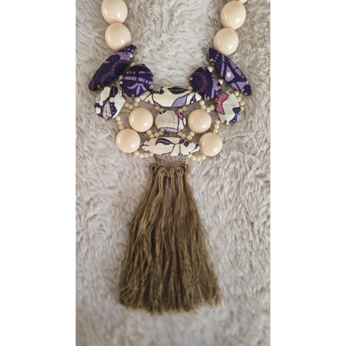 Artisan Statement Necklace Handcrafted Purple Boho Wood Bead Tassel Luxury
