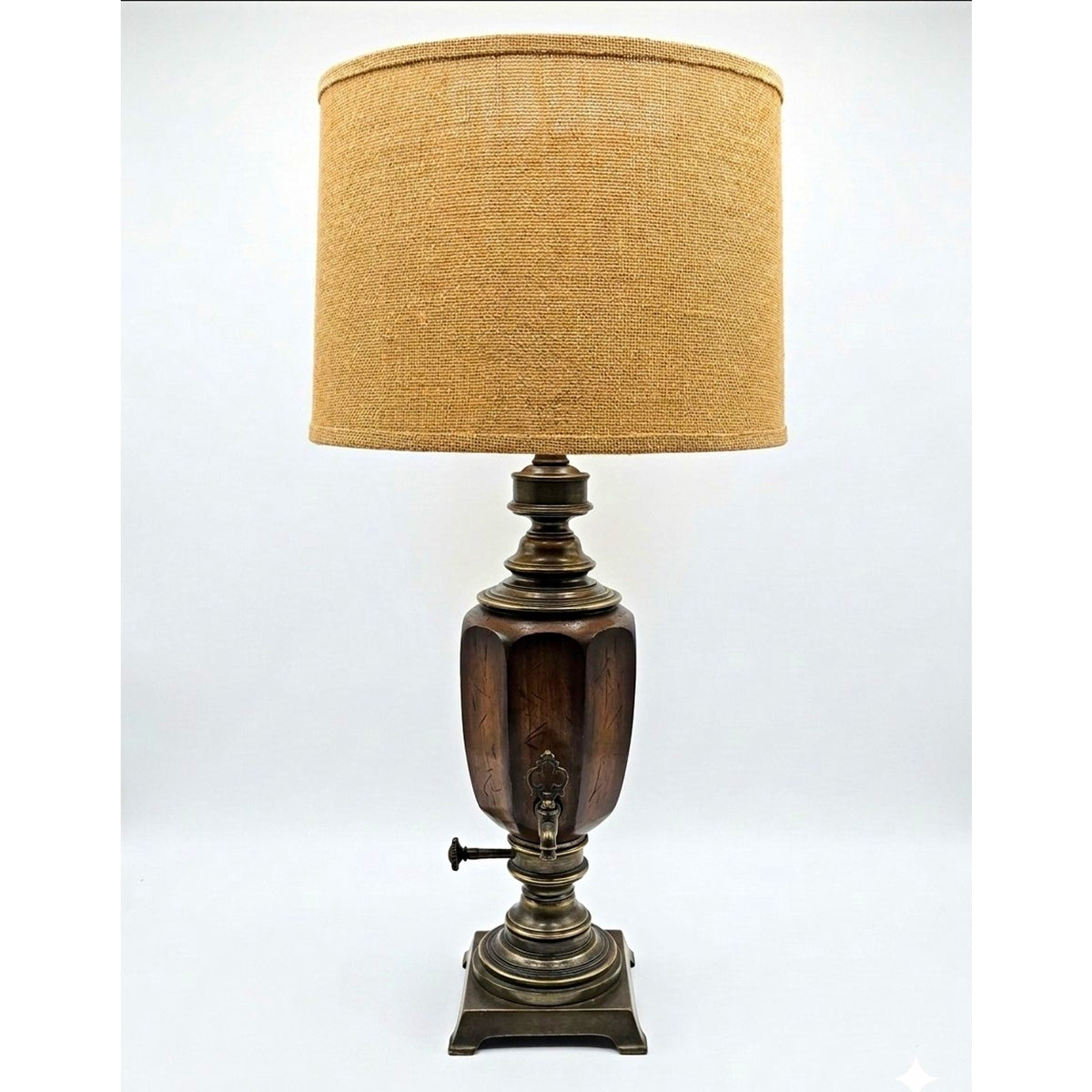 Vintage Neoclassical Samovar Wood Brass Table Lamp Brass Mid Century
