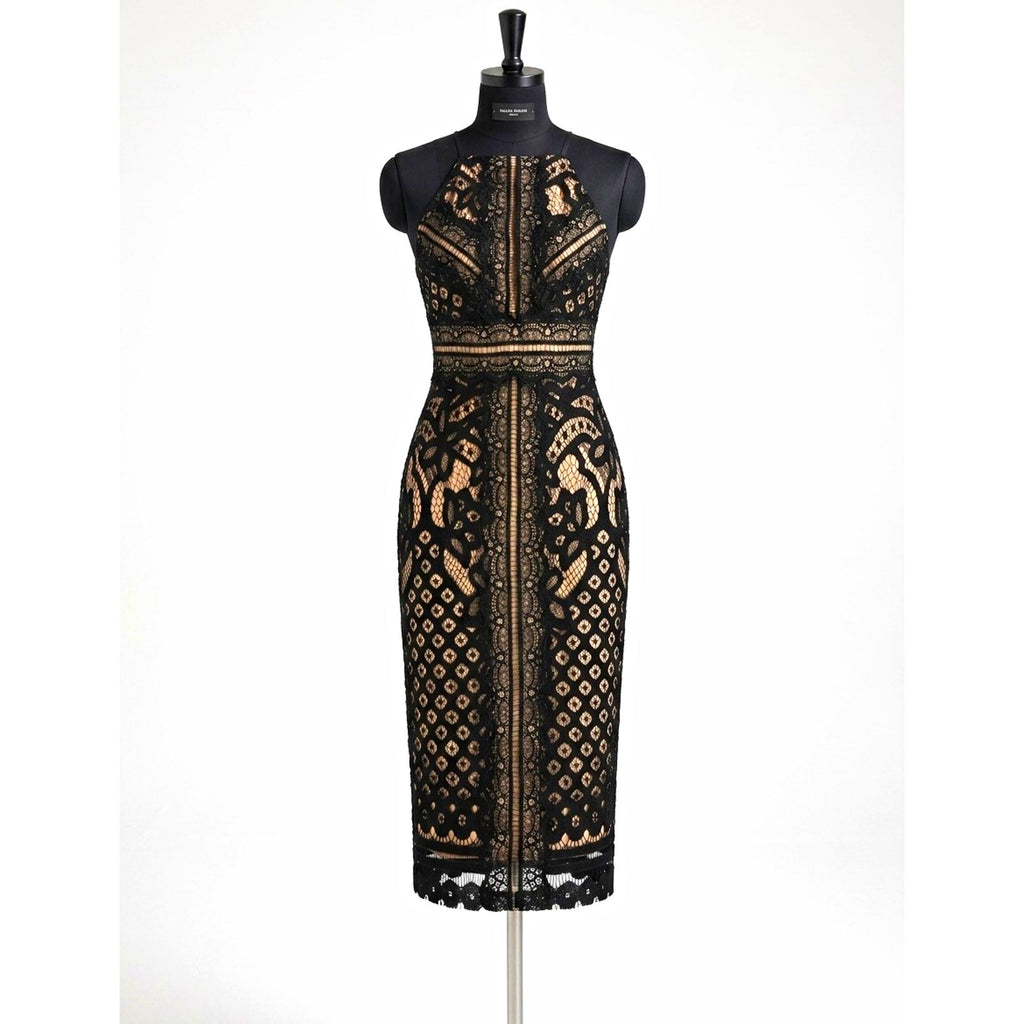 Lulus Black Floral Lace Lined Halter Midi Sheath Dress Zip, Size S