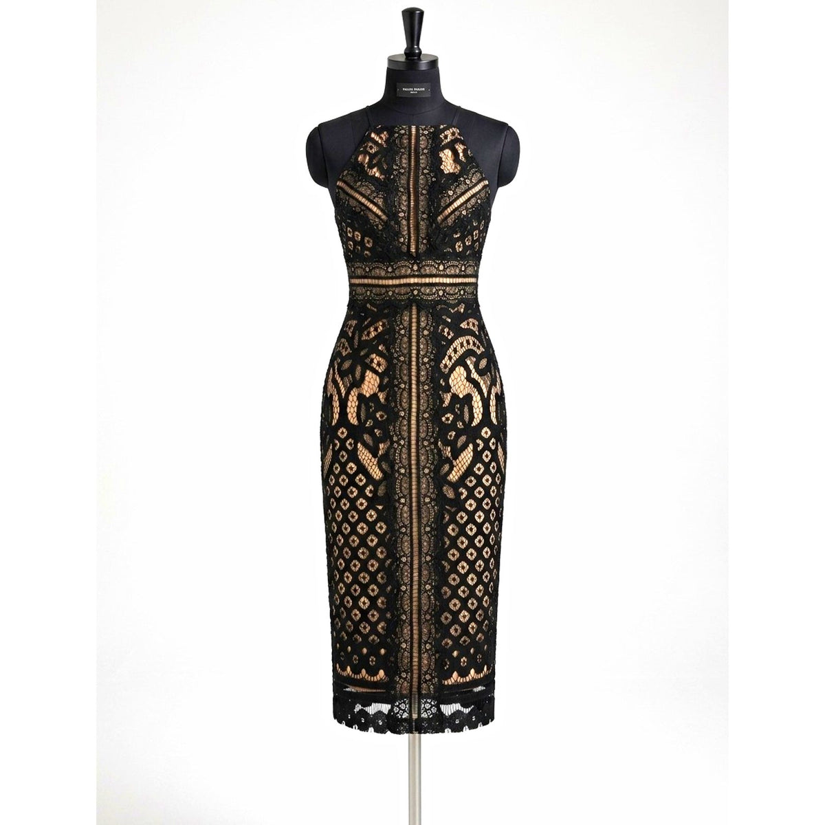 Lulus Black Floral Lace Lined Halter Midi Sheath Dress Zip, Size S