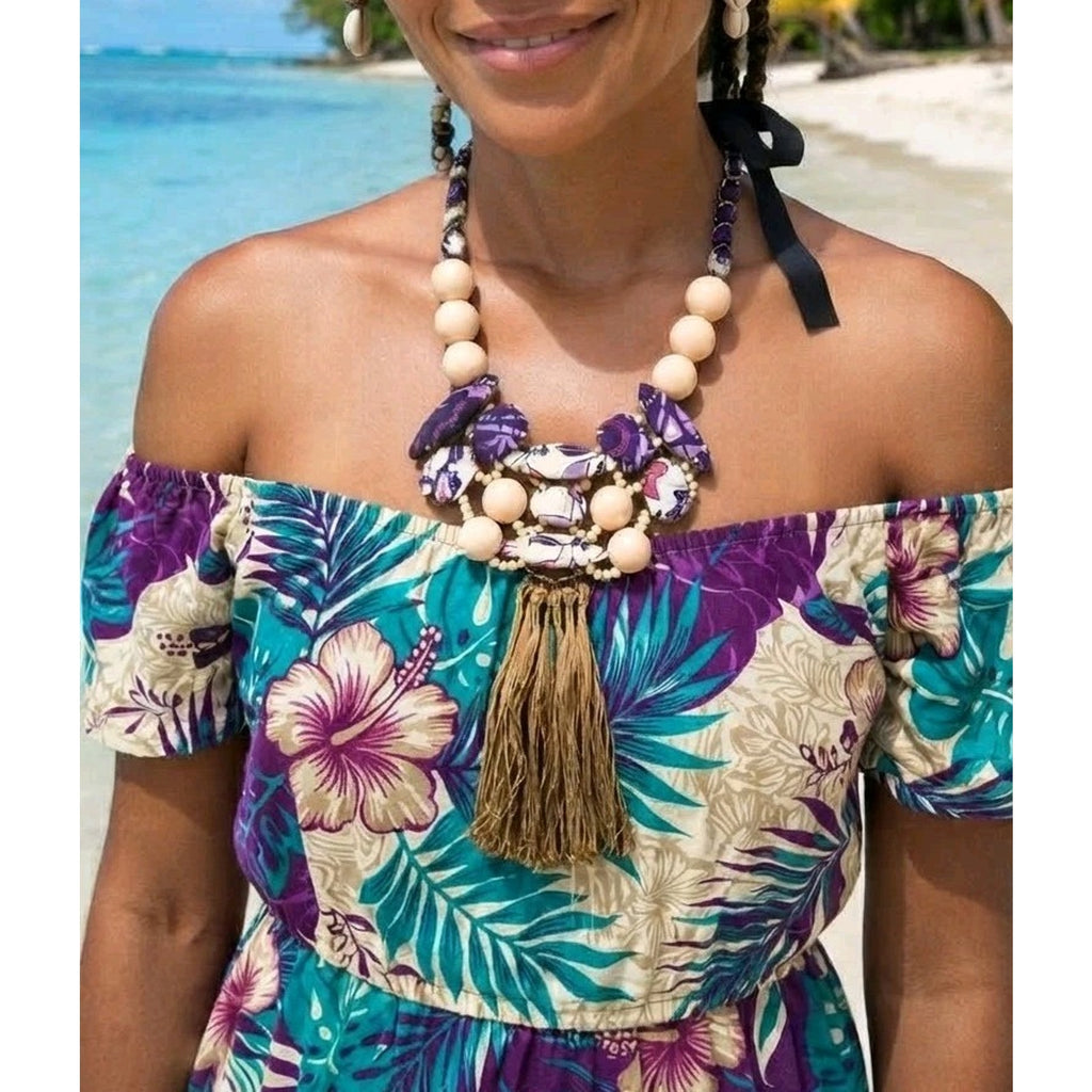 Artisan Statement Necklace Handcrafted Purple Boho Wood Bead Tassel Luxury