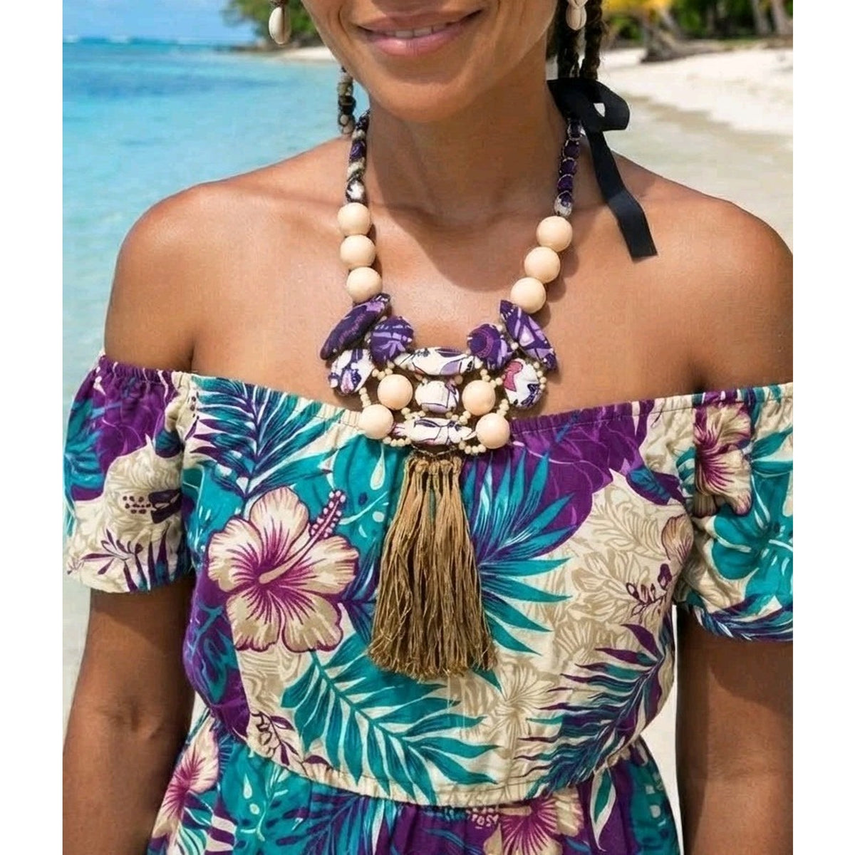 Artisan Statement Necklace Handcrafted Purple Boho Wood Bead Tassel Luxury