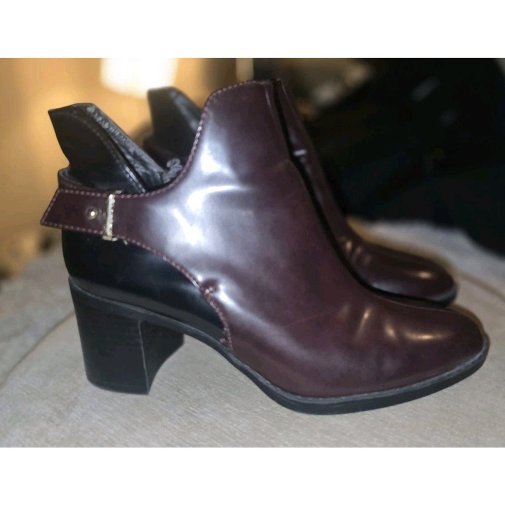 Zara TRF Burgundy Patent Leather Block Heel Pointed Toe Ankle Boots Size 5