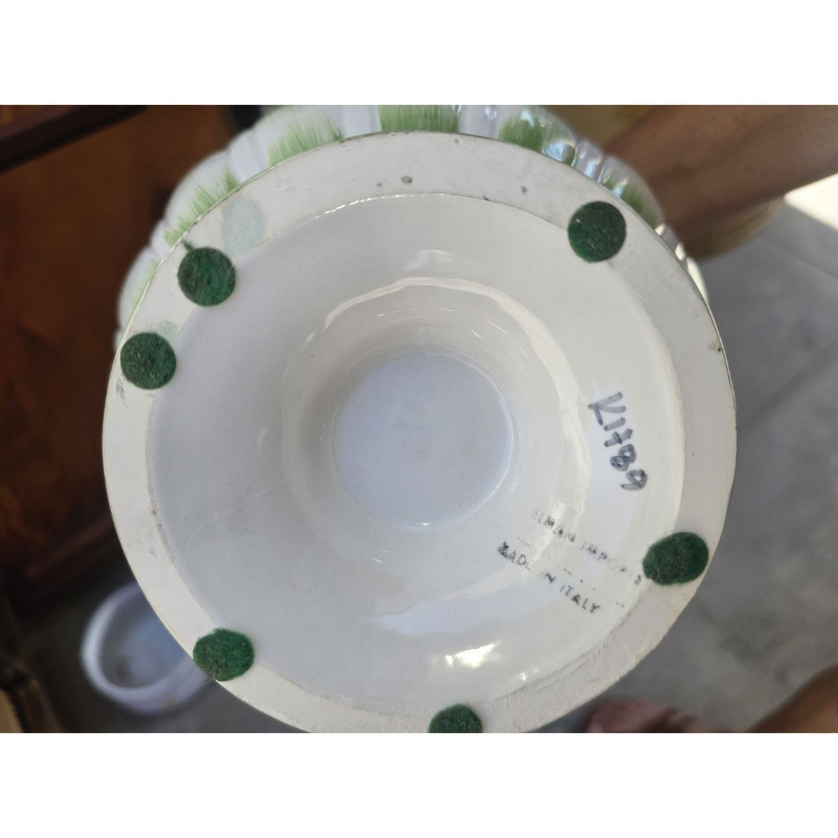 Italian Hand Painted Floral Ceramic Pitcher White & Green Glossy Printed Mark
