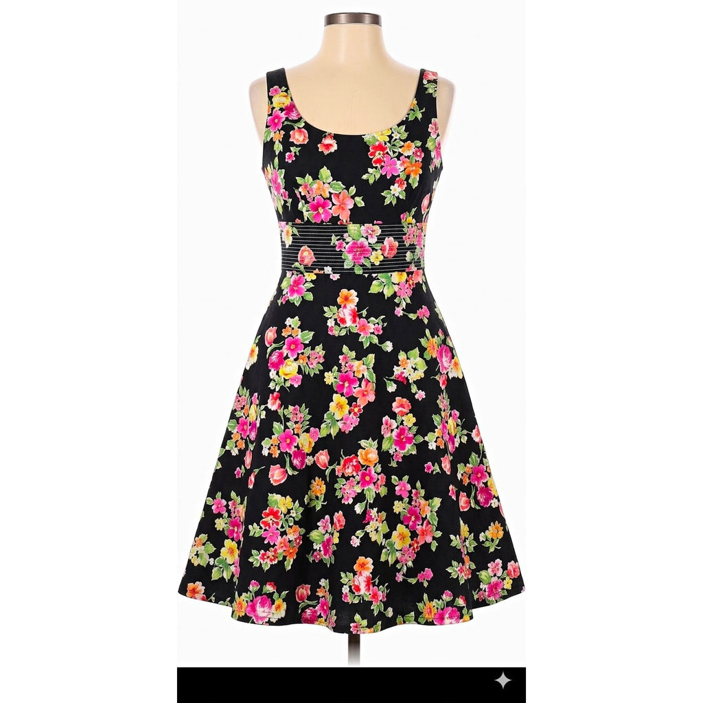 Donna Ricco New York Fit & Flare Floral Dress Size 8 Scoop Neck Knee Zip