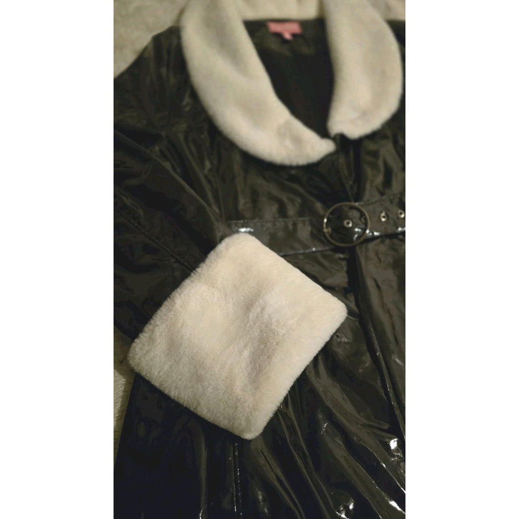 Sugar Thrillz Black Patent Faux Fur Trim Belted Trench Coat XXL Goth Glam Cruell