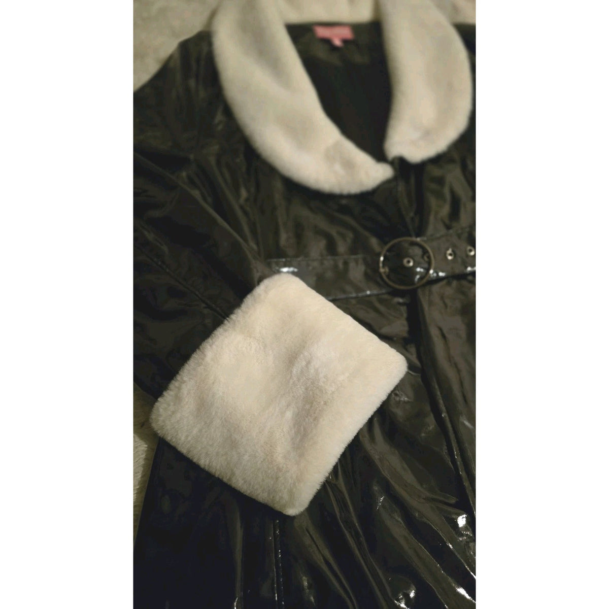 Sugar Thrillz Black Patent Faux Fur Trim Belted Trench Coat XXL Goth Glam Cruell