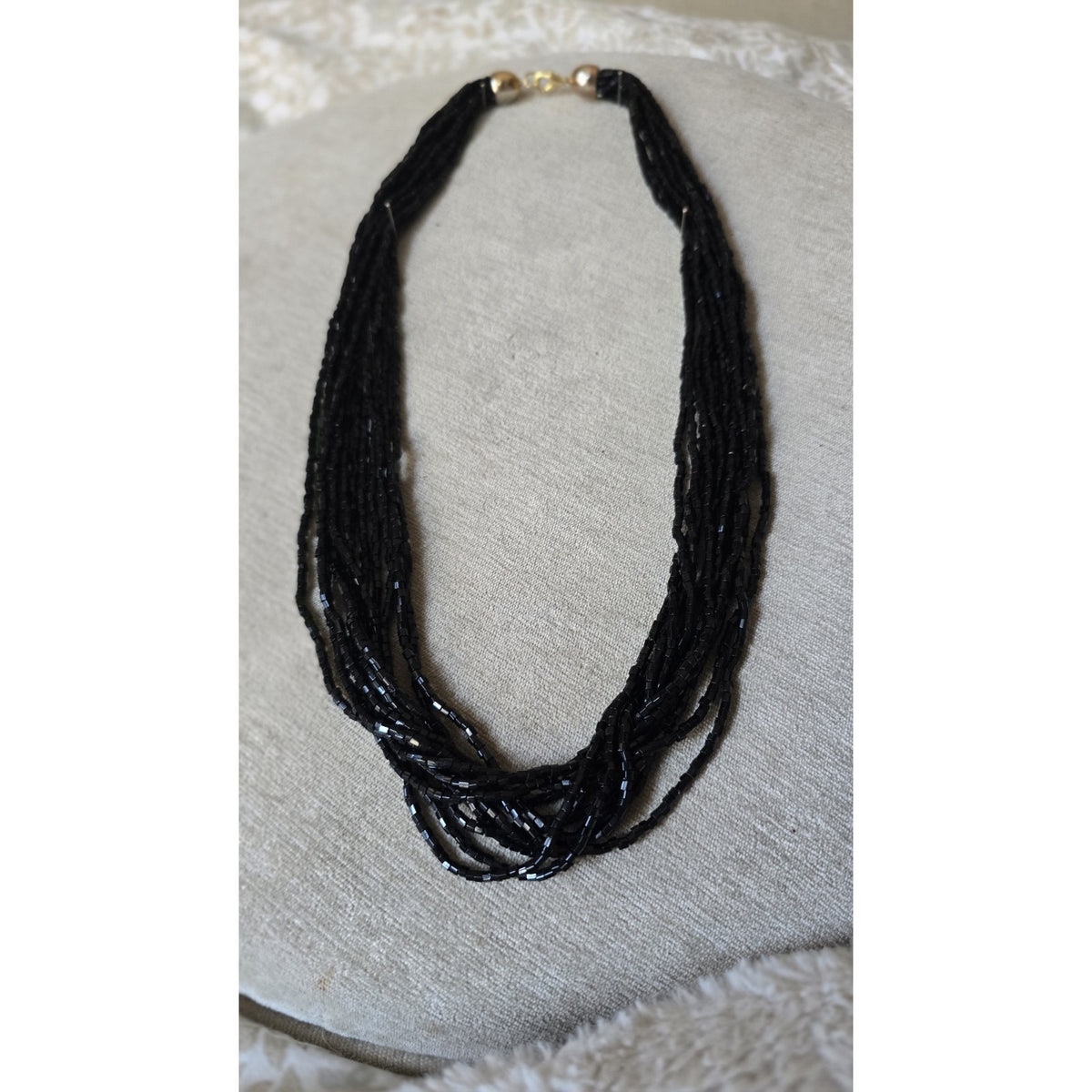 Stunning Vintage Multi-Strand Jet Black Bugle Bead Necklace